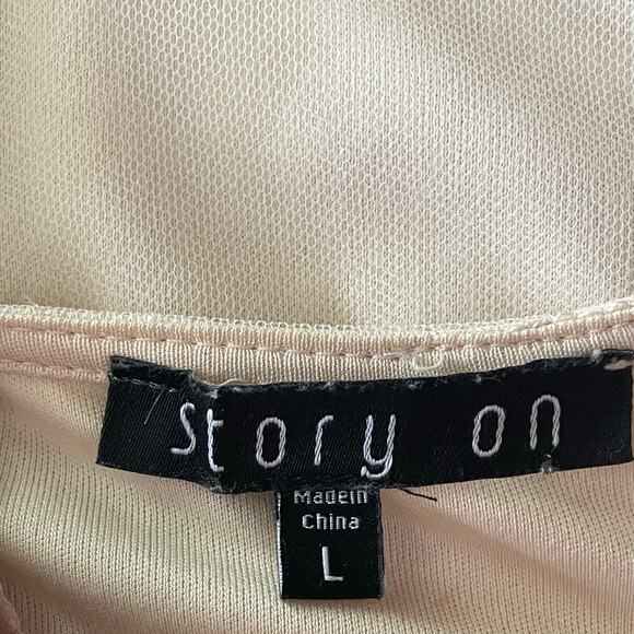 Story On Beige Tulle Satin Butterfly Applique Puff Sleeve Top LG Fairy Cottage - Picture 7 of 9